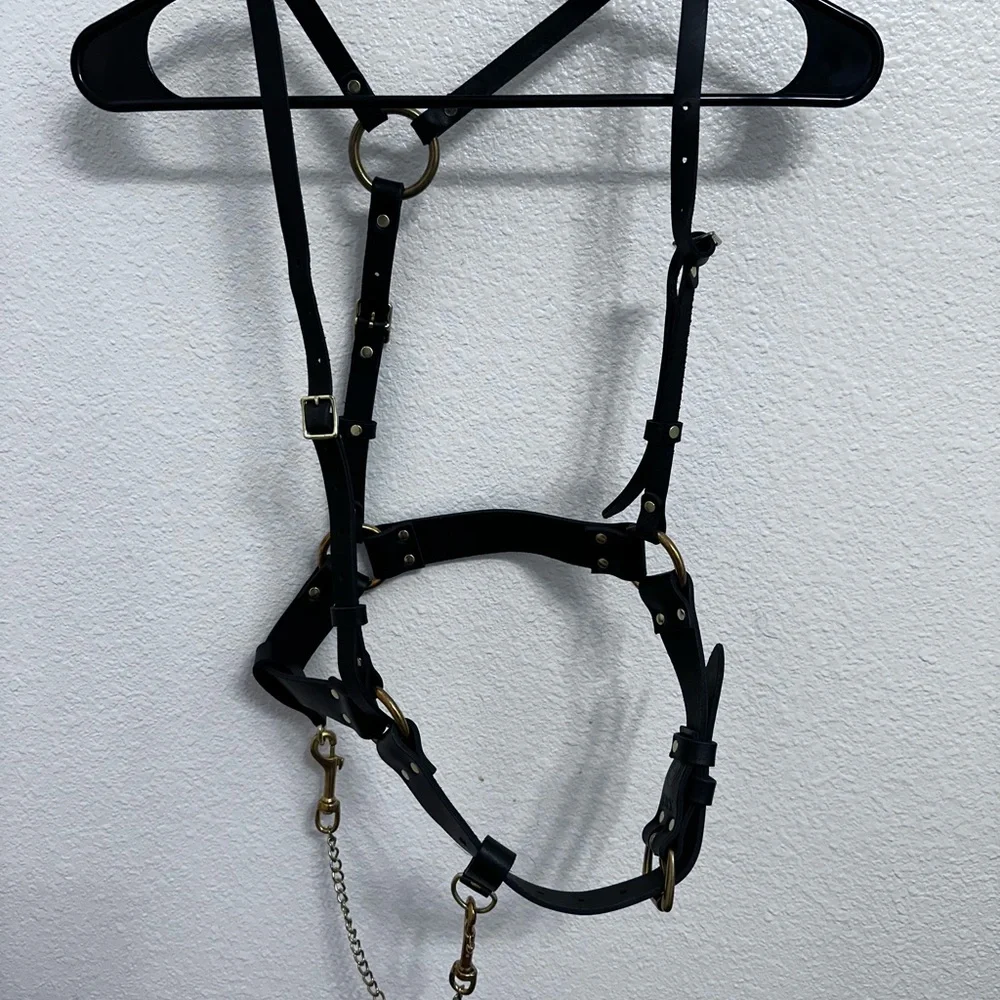 Black Leather Harness Belt with Gold Chain Accent